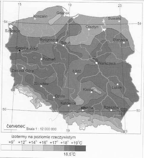 Nejchladněji je v Tatrách, kde roční průměr odpovídá 5 C, nejtepleji v okolí Poznaně, v Sandomierské kotlině a ve Slezské nížině s teplotou 8,5 C.