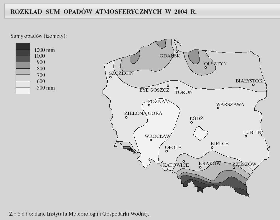 4.3 Chod srážek, oblačnost Množství srážek závisí především na nadmořské výšce a expozici svahů. Vzdálenost od oceánu má v Polsku podružný význam. Rozložení srážek v průběhu roku není rovnoměrné.