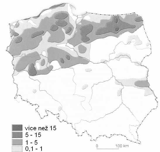 Obr. 22 Hustota jezer v Polsku (v %) (Zdroj: Mordawski J., Wiecki W.: Geografia polska 3, Operon, Gdyně, 2004) Jezera se od sebe mimo jiné odlišují způsobem vzniku.