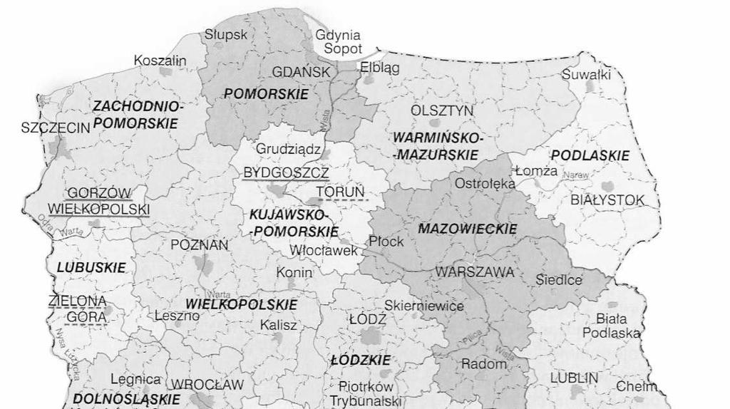 9 ADMINISTRATIVNÍ ČLENĚNÍ POLSKA Dříve bylo Polsko rozděleno na 49 vojvodství, kterým byly přímo podřízeny obce. Od roku 1999 byl v Polsku zaveden trojstupňový administrativní systém.