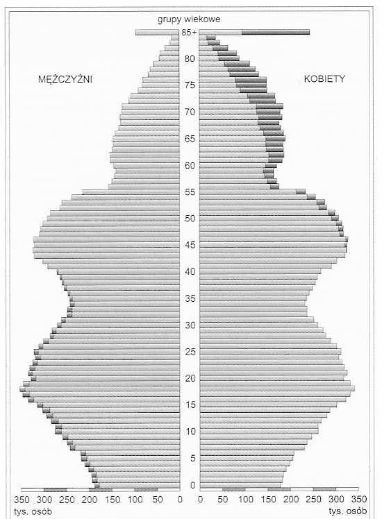 Obr. 30 Věková pyramida obyvatel Polska (r. 2001) (Zdroj: Skrzypczak W.: Geografia społeczno ekonomiczna świata i Polski, Efekt, Varšava, 2003) V Polsku se rodí víc mužů než žen.