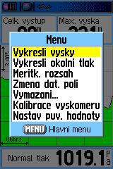 Stránka Výškoměr strana 5 poskytne informace o: aktuální nadmořské výšce