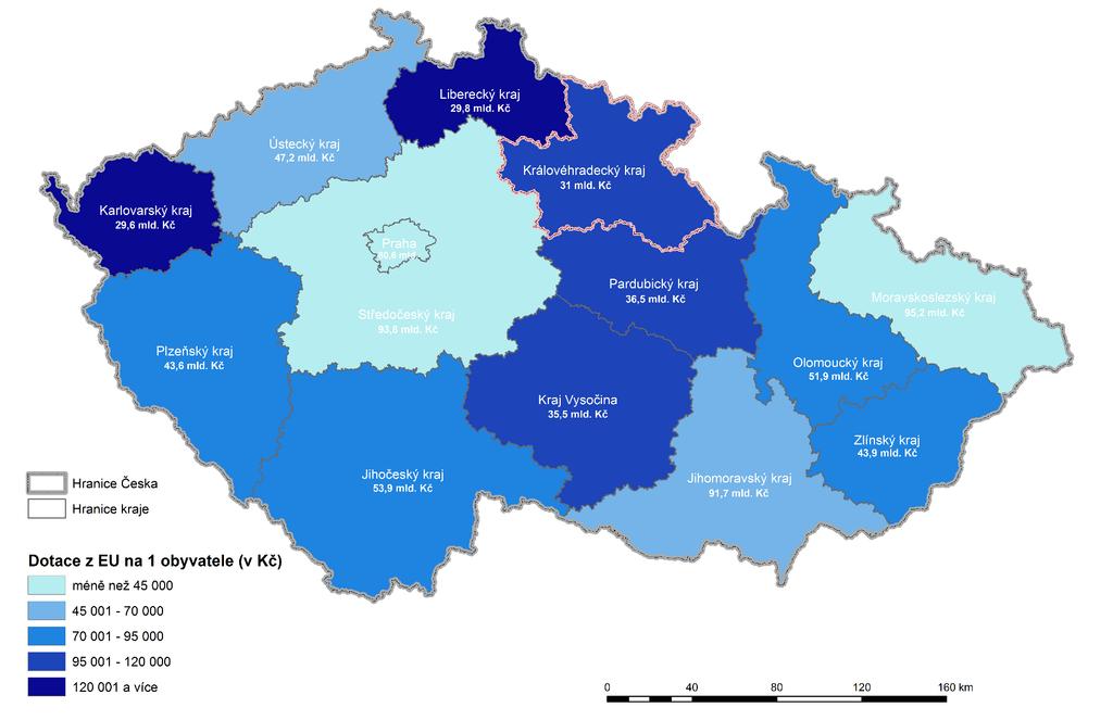 Čerpání dotací z EU v programovém období 2007-2013 - srovnání krajů ČR