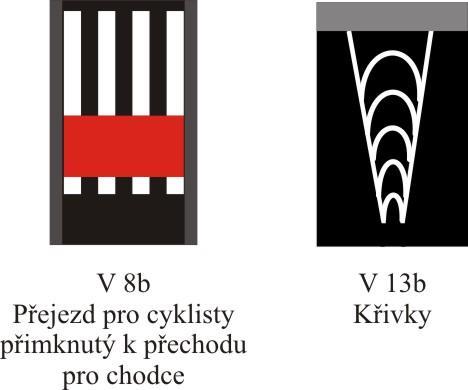 Ze skupiny vodorovných dopravních značek byly vyřazeny DZ č. V 8b Přejezd pro cyklisty přimknutý k přechodu pro chodce (pouze varianta s červenou grafikou) a značka č. V 13b Křivky.