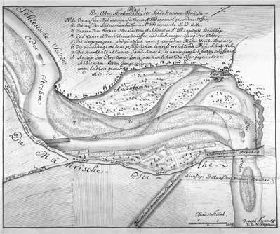 Obr. 4 Návrh úpravy koryta Odry u svinovského mostu, autor: vrchní stavební inženýr Josef Anneis, 1777.