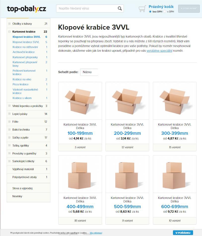 Po levé straně je ve sloupci uvedený prodávaný sortiment. Dělí se do dvou hlavních kategorií obaly a kancelář. Popisy jednotlivých podkategorií mají přesné názvosloví, tím docílí jednoduché orientaci.
