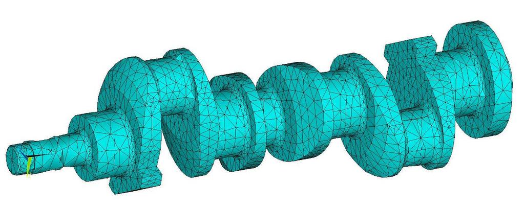 V prostředí MKP systému, viz obr. 1.6, je vytvořen model klikové hřídele, tento MKP model klikové hřídele je modelován jako pružný a pak je importován do prostředí MBS. Obr. 1.6 Příklad MKP modelu klikové hřídele V prostředí MBS je vytvořen kompletní model hnacího ústrojí včetně hydrodynamického modelu kluzného ložiska (HD).