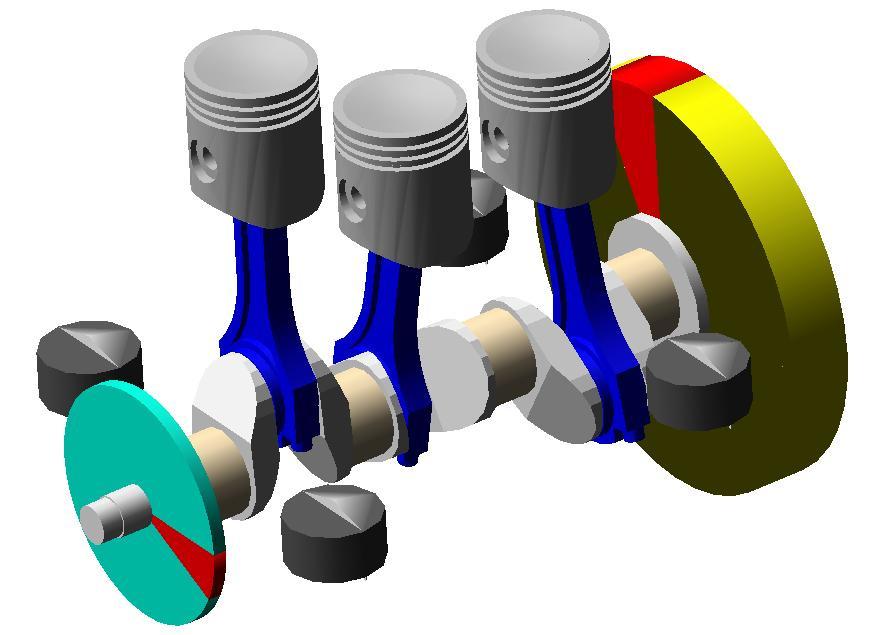 7.3 Model s tuhou klikovou hřídelí (rigid crankshaft) Obr. 7.10 3D model hnacího ústrojí s tuhou klikovou hřídelí Na obr. 7.10 je znázorněn trojrozměrný model s tuhou klikovou hřídelí.