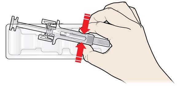 B Otevřete vaničku odtržením fólie. Uchopte bezpečnostní kryt stříkačky a předplněnou injekční stříkačku vyjměte z vaničky.