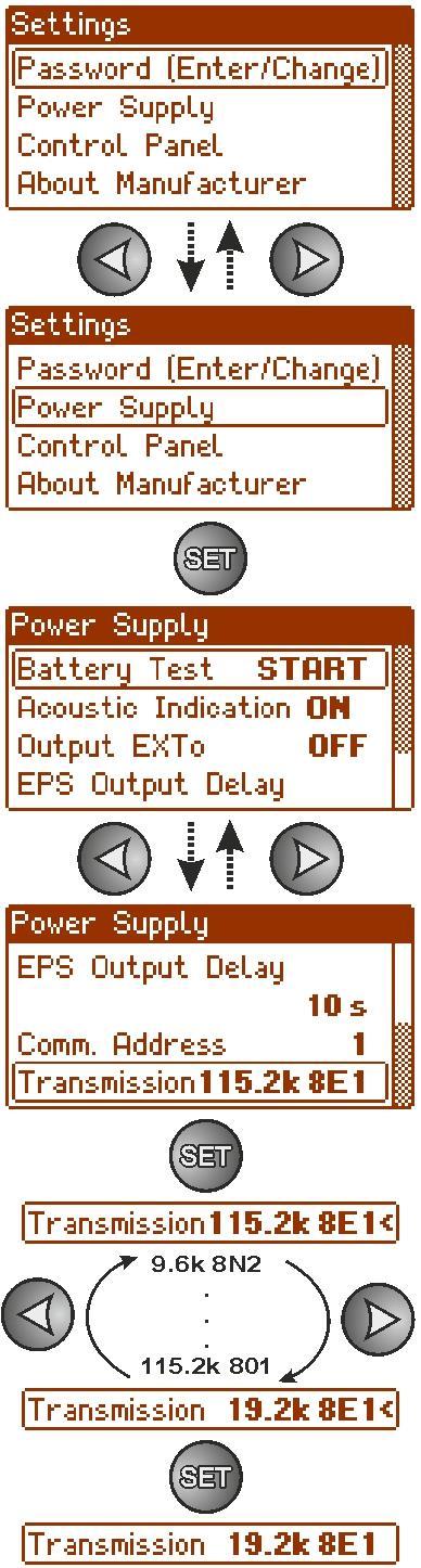 4.3.2 Nastavování parametrů přenosu - nastavte tlačítky > nebo < nabídku Napájecí zdroj - stiskněte tlačítko SET - nastavte tlačítky > nebo < nabídku Přenos (nabídku Přenos