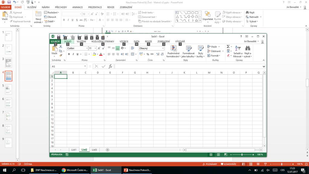 Rychlá práce v MS Excel ve Windows 2 Práce s pásem karet Pás karet je horní část okna Excel s ikonami seřazenými do jednotlivých karet. 1.