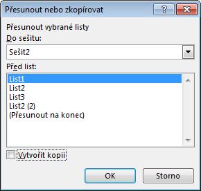 Obr. 51 4. Nejprve v dolní části dialogového okna zkontrolujte políčko Vytvořit kopii. Nesmí být zaškrtnuto. 5. V poli Do sešitu vyberte cílový sešit nebo nový sešit. 6.