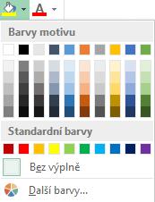 Vybrané buňky můžete podstínovat buď Standardními barvami, nebo Barvami motivu. Nabídku tlačítka Barva výplně vidíte na obrázku najdete ji na kartě Domů ve skupině Písmo. Obr.