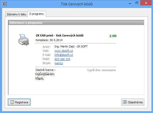 Informace o programu Zde se zobrazují informace o autorovi a verzi programu a o zákazníkovi, kterému je program určen.