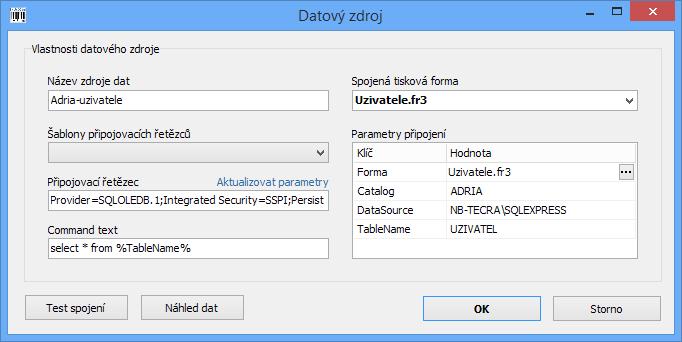 Pole Připojovací řetězec slouží ke specifikaci datového zdroje, pole Příkaz slouží k výběru dat z připojené databáze.