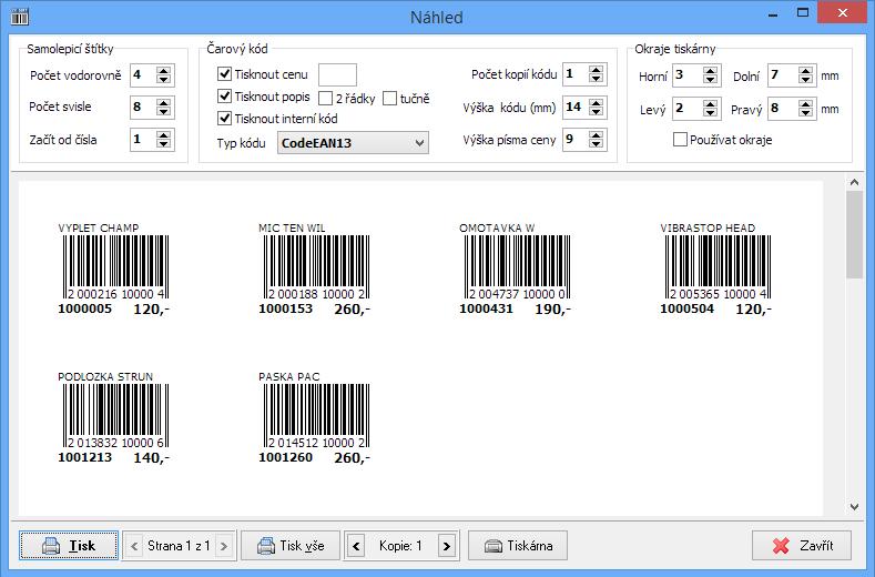 Tisk štítků tištěného kódu a může nastavit počet kopií od každého kódu, výšku kódu a velikost písma ceny.