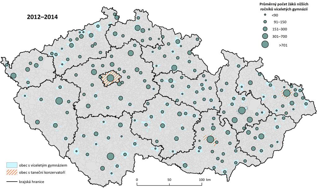 Obr. 3: Rozmístění tanečních konzervatoří a průměrný počet žáků nižších ročníků víceletých gymnázií v