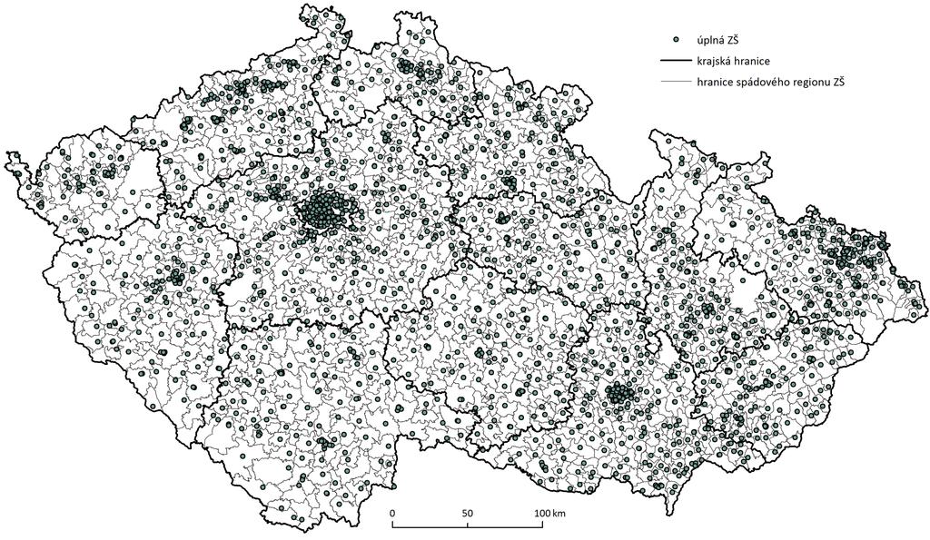 Obr. 4: Rozmístění úplných základních škol ve spádových regionech úplných základních škol (stav ke