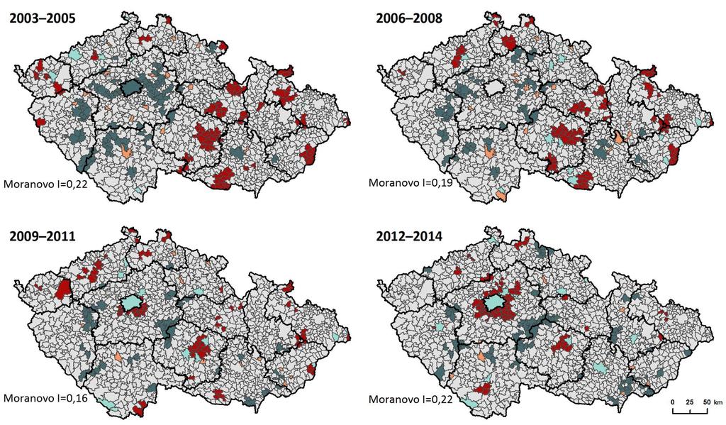 Obr. 15: Spádové regiony ZŠ podle výsledků analýzy LISA pro ukazatel podíl osob ve věku povinné školní docházky (6 14 let) ve