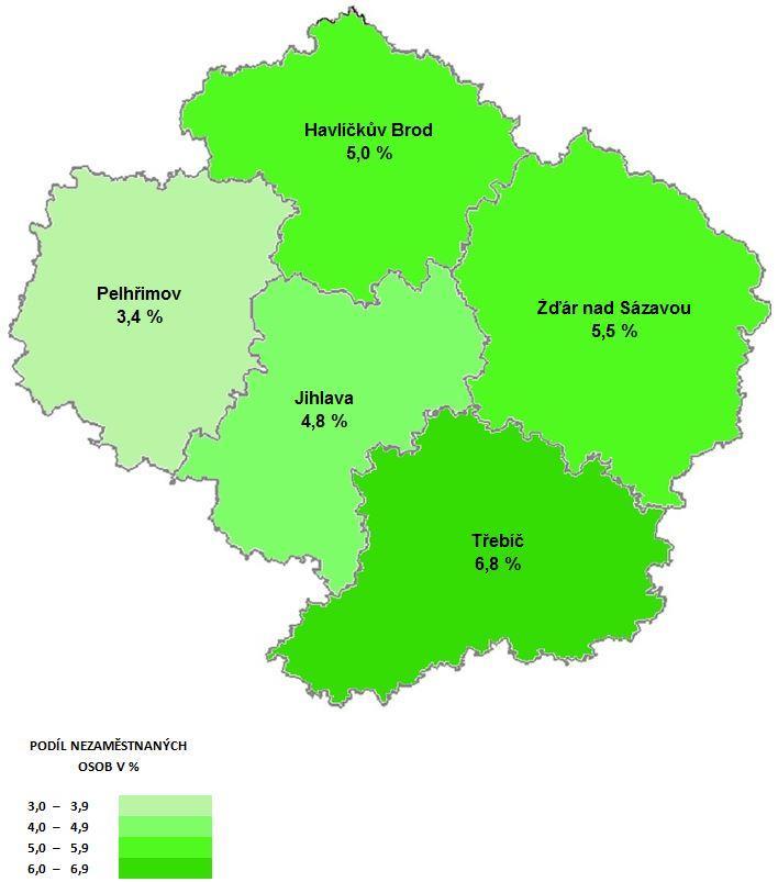 II.3 Územní rozložení registrované nezaměstnanosti v kraji.