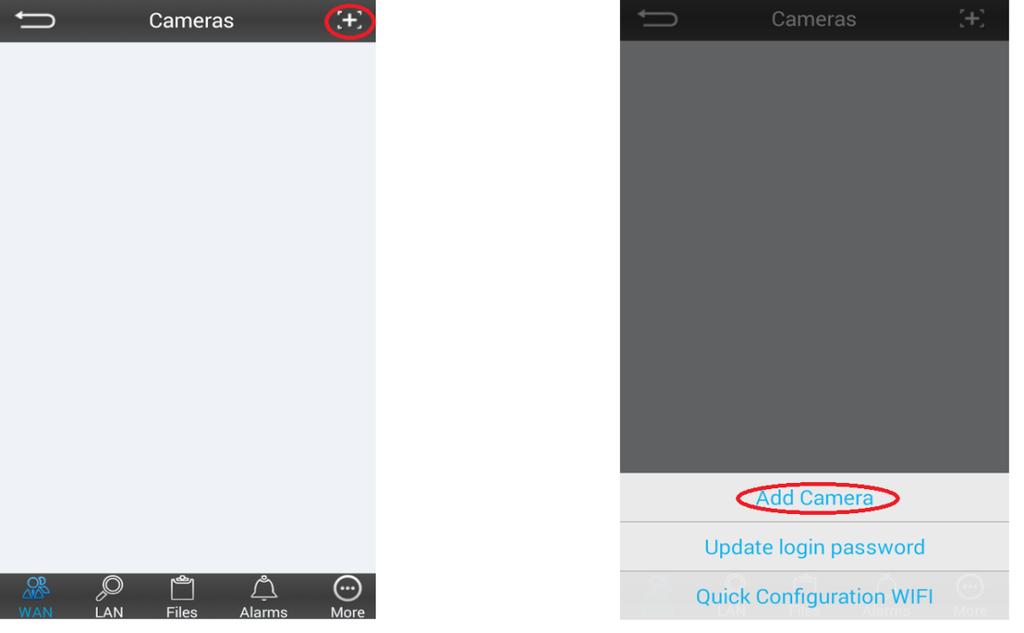 3. Po registraci a přihlášení se Vám zobrazí následující obrazovka, kde je zapotřebí přidat kameru. Kameru přidáte kliknutím na ikonu + a poté Add camera. 4.