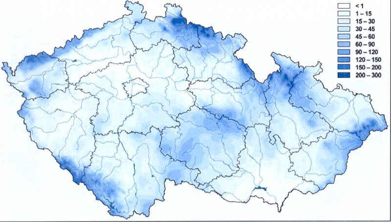 Výška sněhové pokrývky v Česku dne 20.3.