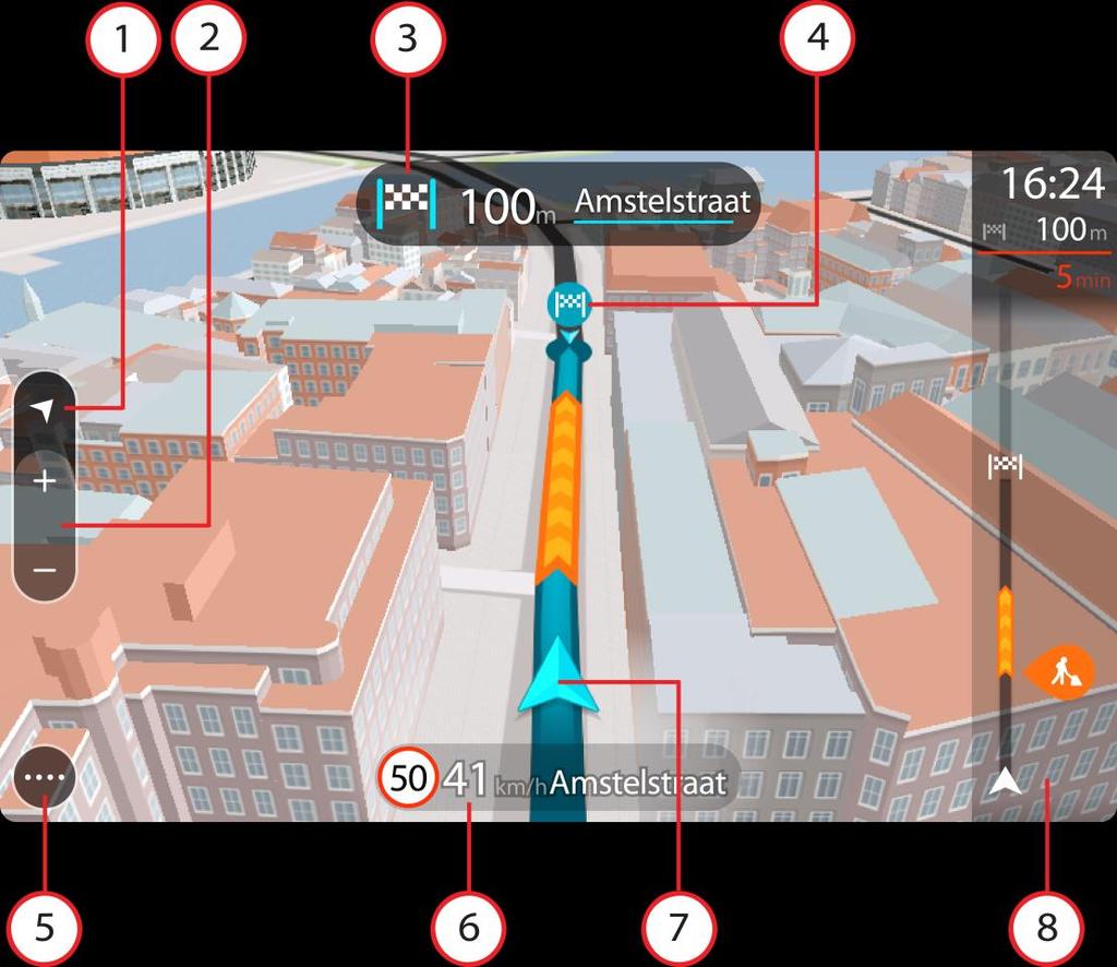 Tip: Když máte naplánovanou trasu a je použito 3D navigační zobrazení, pomocí tlačítka pro přepnutí zobrazení můžete přepnout na zobrazení mapy a použít interaktivní funkce.