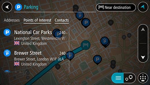 Pomocí tohoto tlačítka můžete změnit, aby se zobrazoval seznam parkovišť: