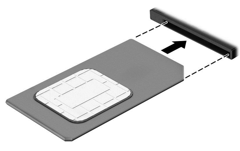 7. Vložte kartu SIM do zásuvky a jemně ji zatlačte, dokud zcela nezapadne. POZNÁMKA: Kartu SIM vkládejte do počítače tak, jak je znázorněno na obrázku prostoru pod servisním krytem. 8.