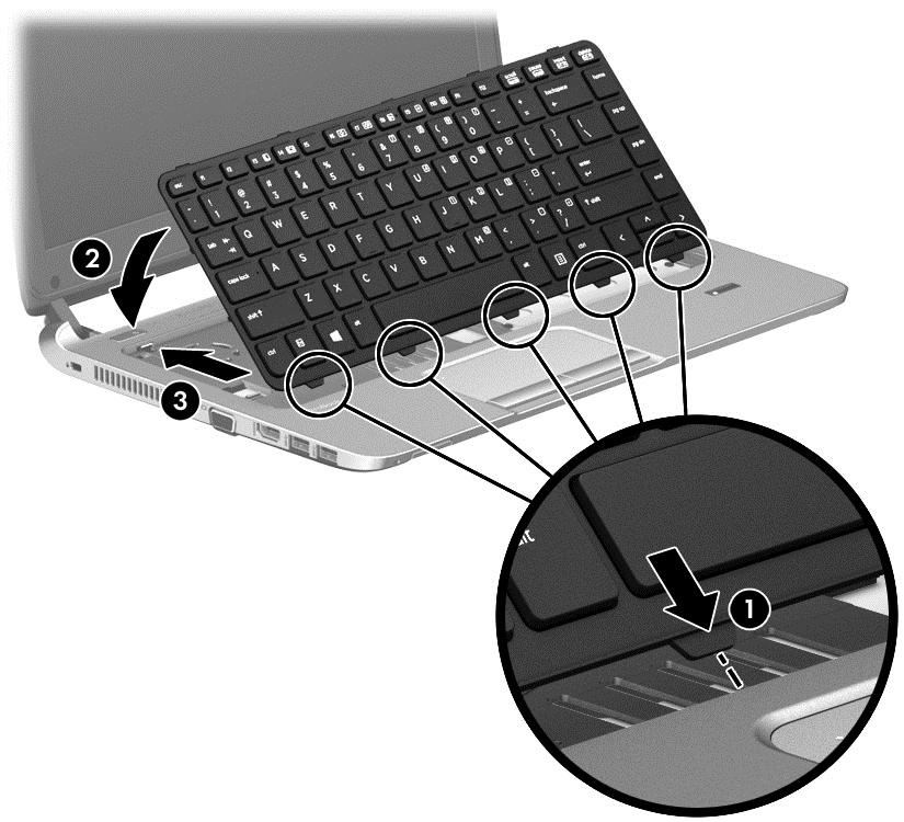 8. Posuňte klávesnici (3) směrem k zadní straně počítače, dokud není klávesnice zajištěna na svém místě. 9.