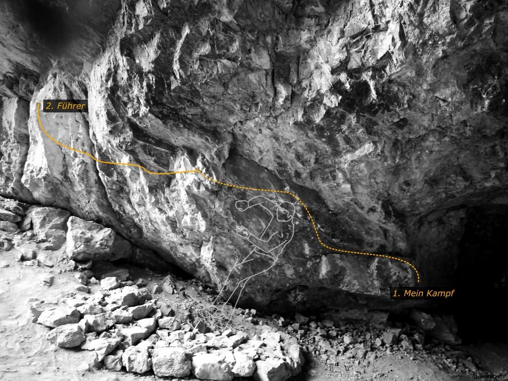 7. Temno 7C+ SD R. Budinský 2017-02 Ze sedu z díry a bočáku vpravo stropem a dále jako Komprese. 8. P projekt SD Spojení bouldrů Temno, Netopýrek v protisměru a Díry do světa. (cca 7C+) 9.