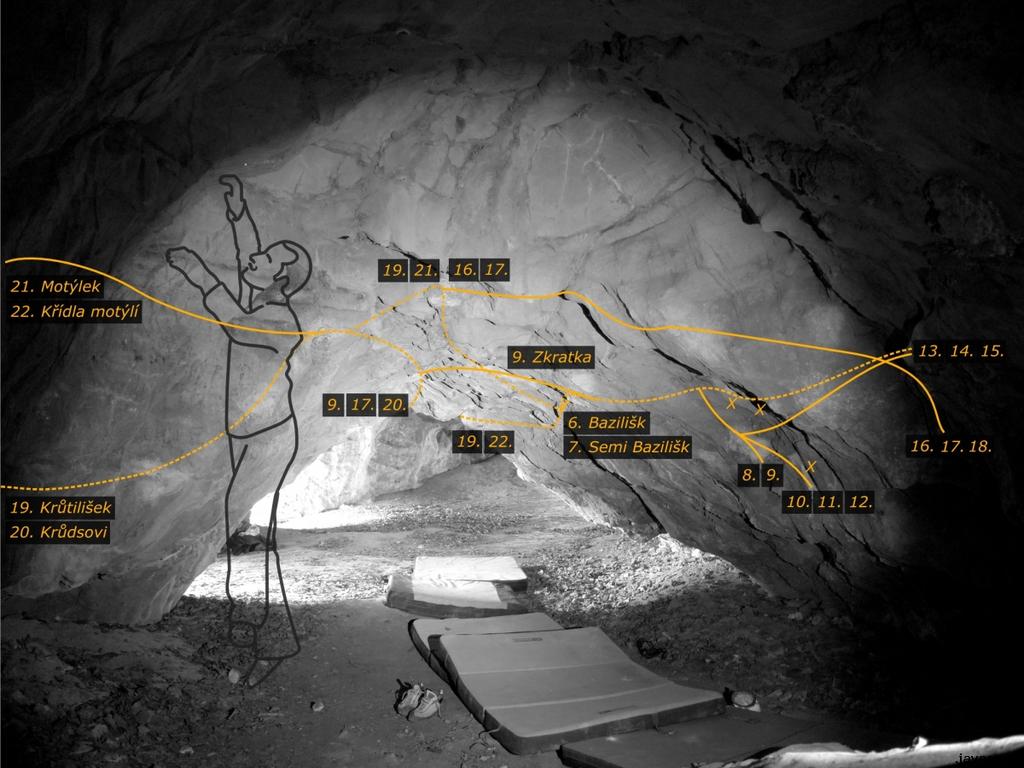 8. Bazilišk superhard 7B+ SD R. Budinský 2016-12 Z výrazného květáku vpravo a dále jako Bazilišk hard bez použití všech děr a Pozitivní deviací v protisměru. 9. Zkratka 7B+ SD R.