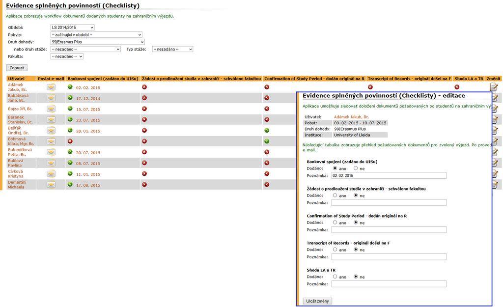 4 MOBILITY STUDENTŮ VYJÍŽDĚJÍCÍ Obrázek 39 Evidence splněných povinností (Checklisty) 4.