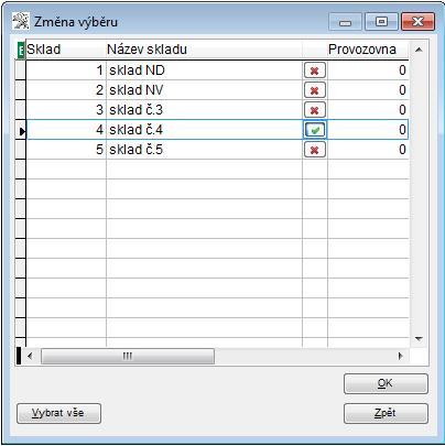 Výběr skladu Spuštěním menu Inventury se nabídne formulář, ve kterém lze vybrat jeden nebo více skladů, na kterých se inventura bude provádět (kliknutím na červený křížek se křížek změní v zelené