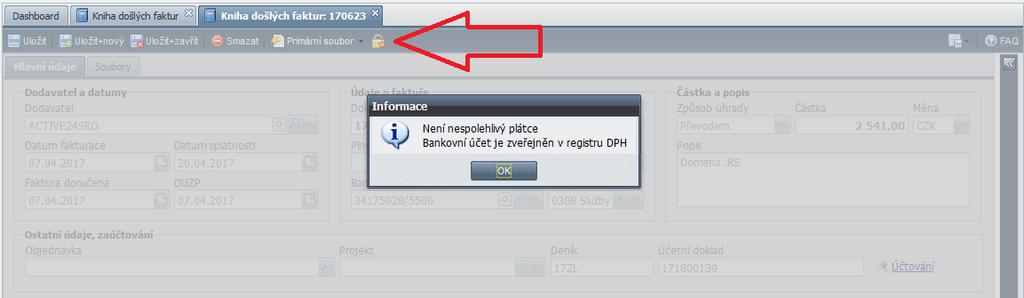 Kontrola při záznamu faktury (KDF, účtování faktury) Do toolbaru účtování faktur přijatých, zálohových faktur přijatých a do KDF