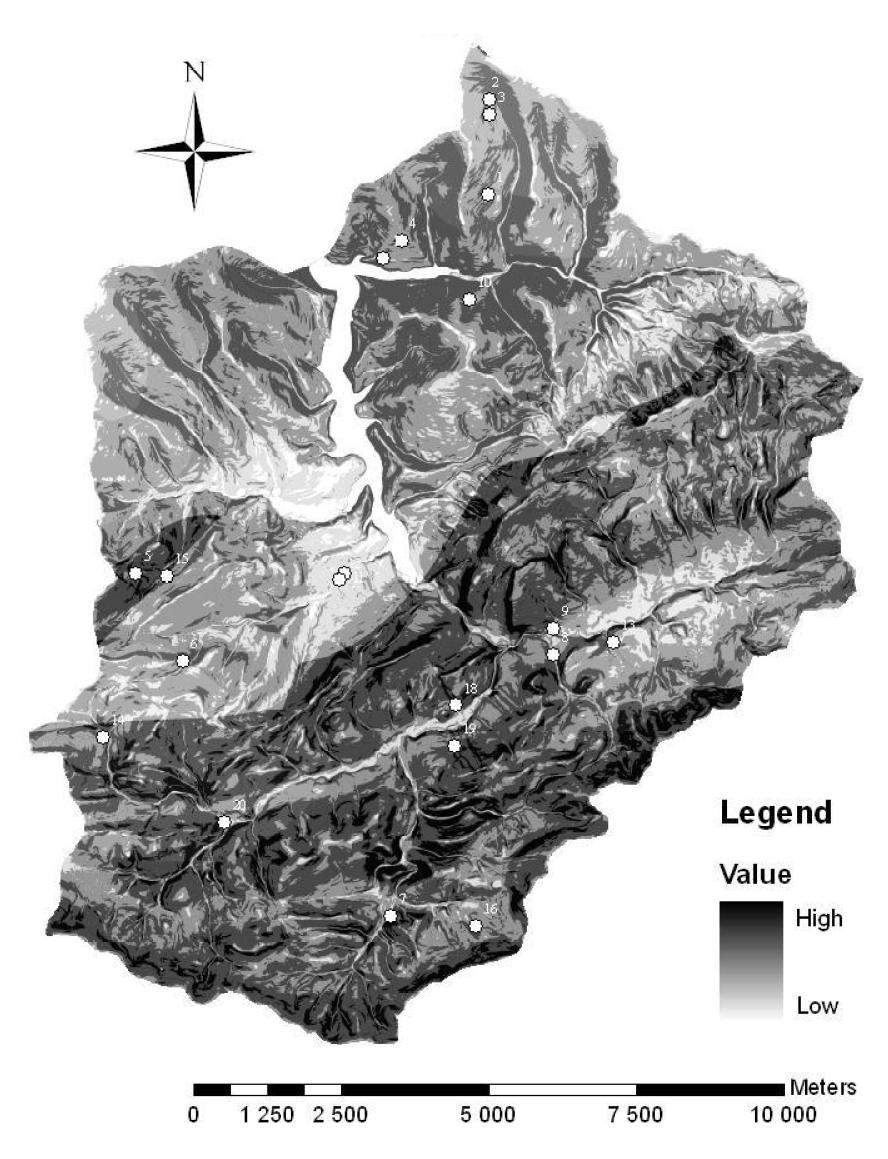 Obr. 6: Mapa potenciální půdní eroze v povodí vodní nádrže Šance (Kučera, Palíková, 2009) O geologii daného flyšového území blíže pojednává BUBÍK ET AL.