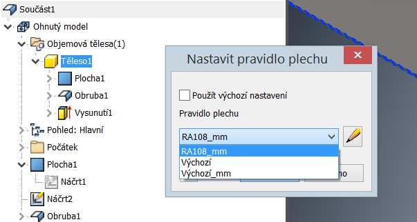 6. Aktualizace Plechu Následující příkazy byly vylepšeny, aby podporovaly jedinečné hodnoty tloušťky a pravidla: Plocha Profilový ohyb Šablonová příruba Stáčený profil Pokud chcete vybrat jedinečnou