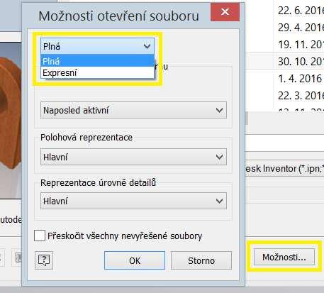 Pole se seznamem pro otevření v plném nebo expresním režimu bylo přidáno mezi tlačítka Možnosti a Snadné spuštění.
