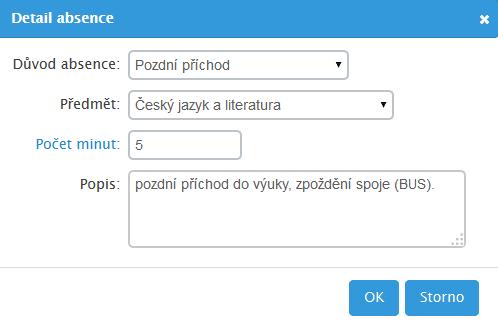 Následně aktivujte příznak Pozdní příchod (či Předčasný odchod) a klepněte na zaznamenanou hodinu nepřítomnosti. 3. Systém docházky zobrazí panel detailu absence.