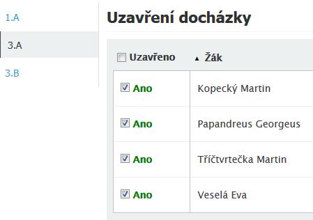 pol. 25.1.2016 2. Přepněte se do 1. pololetí, do modulu Docházka daná třída. 3. Tabulka s docházkou. Ta v našem případě naznačuje i další zaznamenané absence, po datu 24.1. (k jakému nejpozdnějšímu ve skutečnosti požadujete uzavírat docházku), tedy absence od 25.