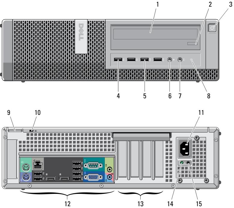 9. indikátor aktivity disku 10. diagnostický indikátor napájení 11. diagnostické tlačítko napájení 12. konektoru napájení 13. konektory na zadním panelu 14. sloty rozšiřujících karet (4) 15.