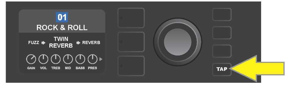POUŽITÍ TLAČÍTKA TAP TEMPO U předvoleb obsahujících efekty modulace (Modulation) nebo ozvěny (Delay), případně oba tyto efekty*, funkční tlačítko TAP bliká v rytmu výchozí rychlosti prvního efektu