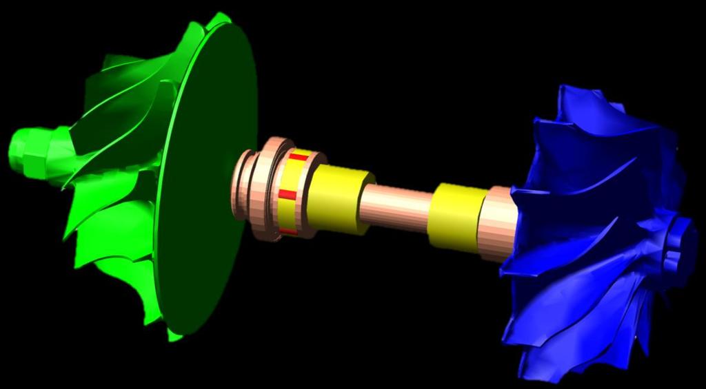 The turbocharger rotor incorporates semi floating ring bearing to increase damping effects of common hydrodynamics bearings.