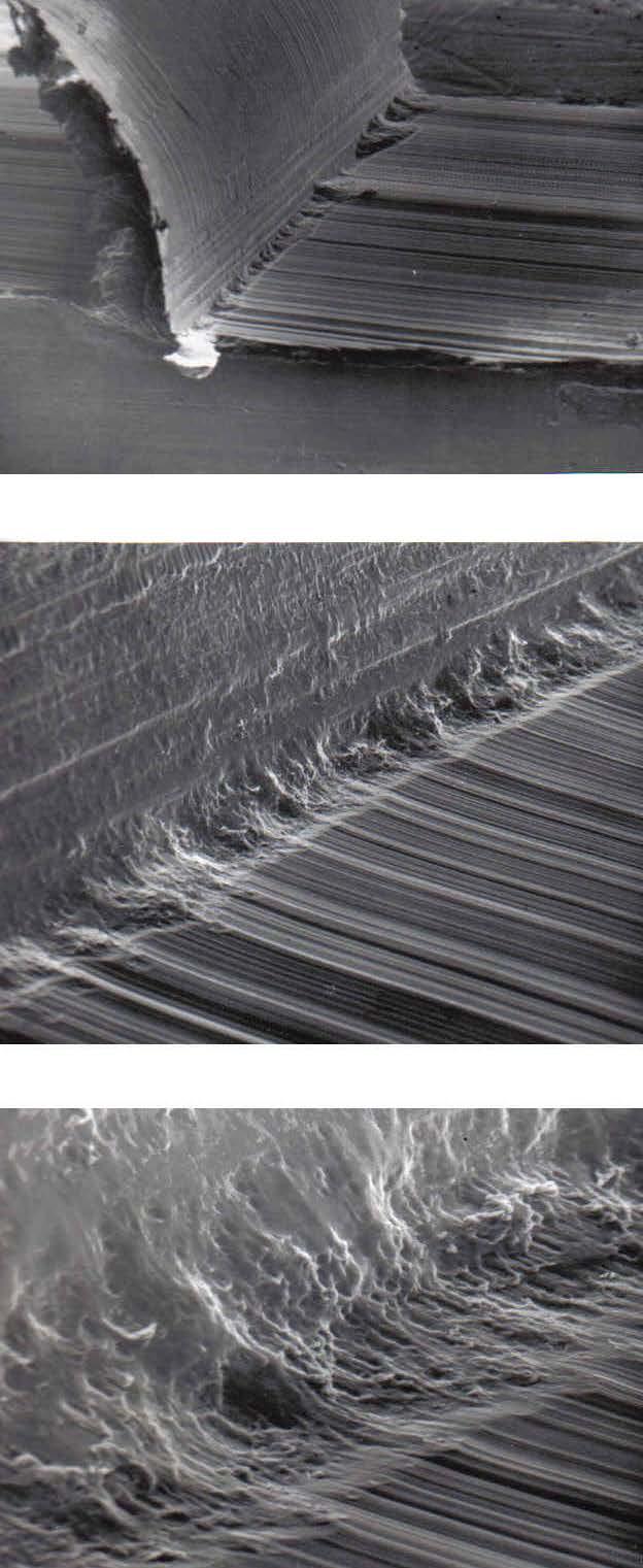 Fig. 4 View of the zone of chip creation and machined surface at cutting speed 100 m.min-1 The course of this dependance can be more clearly seen at turning C45 steel by cutting ceramics (Fig. 5).