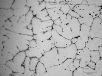 Obr.5 Mikrostruktura slitiny AlZn5,5Mg2,5Cu1,5, bentonitová forma, zv. 100x Fig.5 Microstructure AlZn5,5Cu2,5Mg1,5 alloy, bentonic form, x100 Obr.