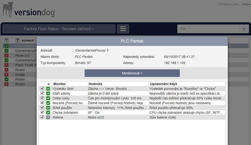Pohled z webového rozhraní na sekci Factory Floor Status detailní pohled na konkrétní zařízení PLC Pantek.
