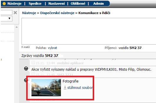 NOVINKA Komunikace s řidiči vizualizace obrázků Náhled obrázku, který řidič zašle z tabletu do Webdispečinku se nyní