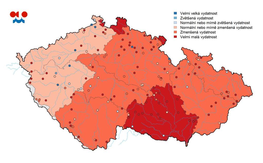 Tabulka: Vydatnost pramenů hodnocená dle pravděpodobnosti překročení v % objektů Povodí velmi malá vydatnost zmenšená vydatnost normální nebo mírně zvětšená vydatnost normální nebo mírně zmenšená