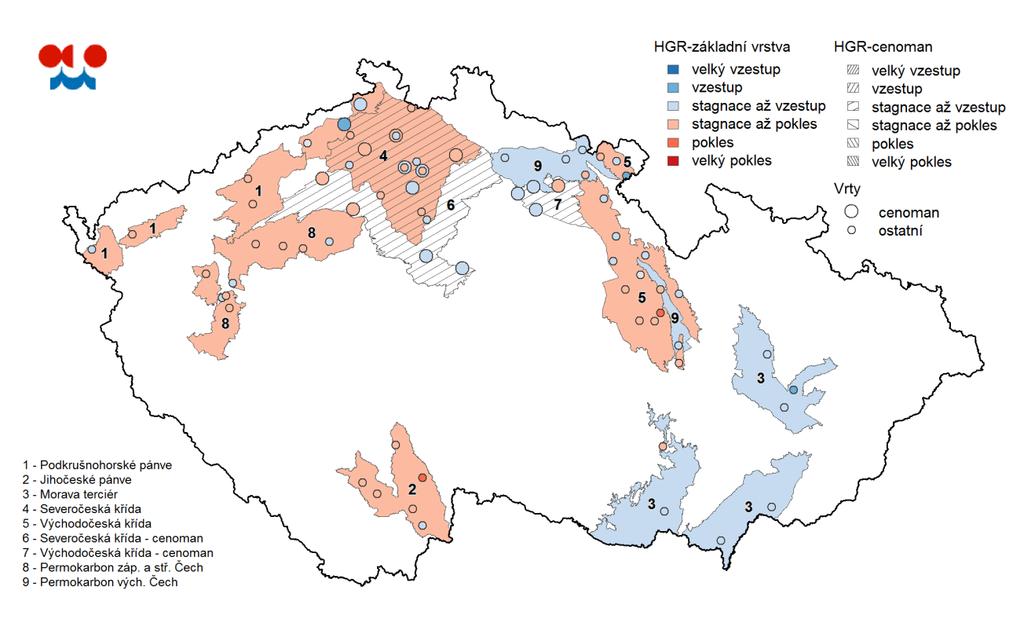 Mapa: Změna hladin v hlubokých vrtech v