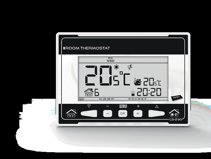 CS-290 DVOUPOLOHOVÝ POKOJOVÝ TERMOSTAT Napájení Baterie 2 x AA 1,5V Drátová komunikace Zatížení bezpotenciálového výstupu